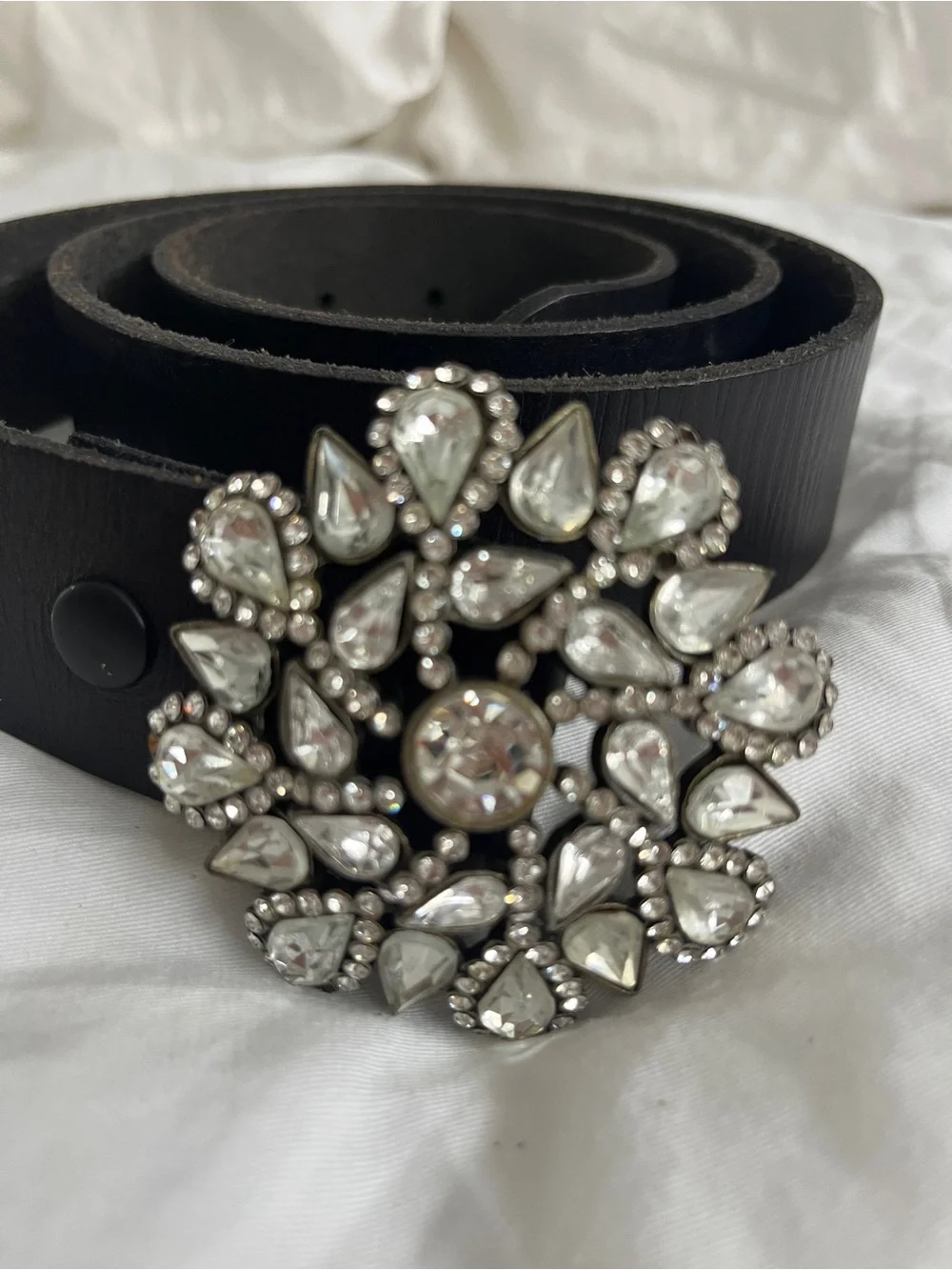 Black Leather Belt with Crystal Floral Buckle
